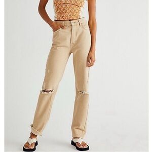 We The Free People Lasso Straight Leg Distressed Jeans In Dusty Khaki